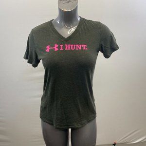 Under Armour I Hunt V Neck T Shirt Women's Size MD Green Short Sleeve Heat Gear